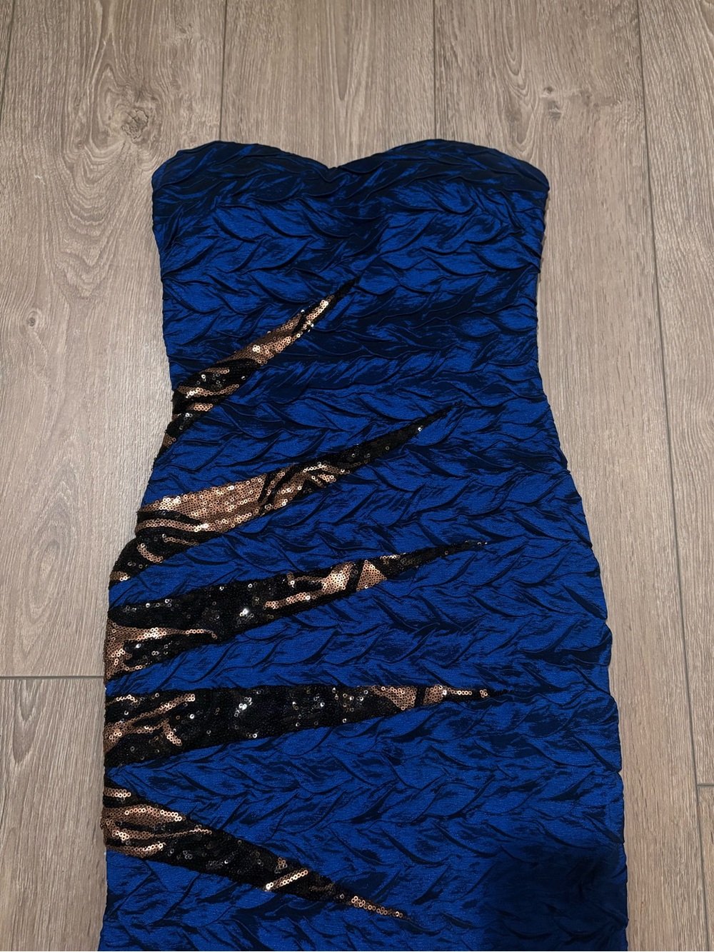 Daisy Strapless Royal Blue Bodycon Dress with Black and Gold Sequin Detail